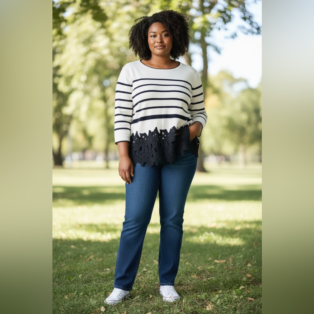 Lane Bryant Black and White  nautical Sweater with black floral appliqué 14/16